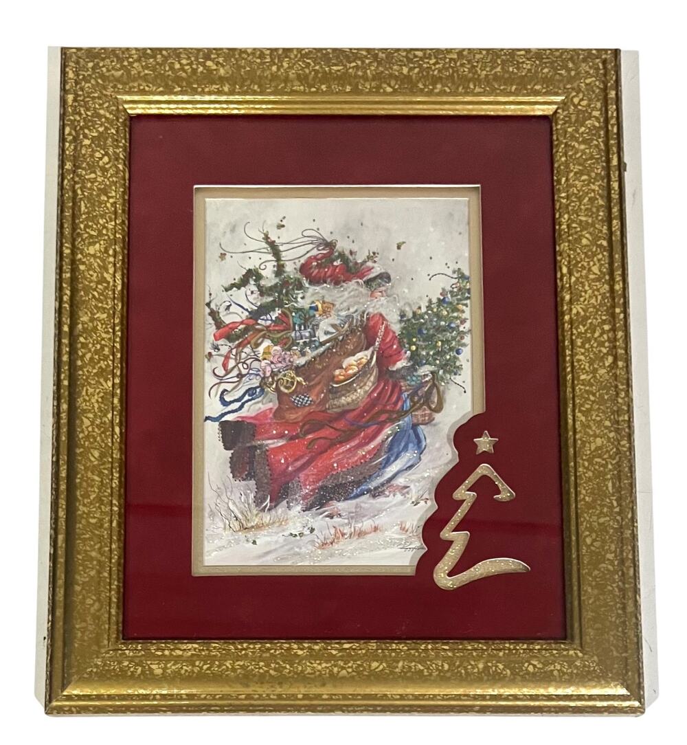 Peggy Abrams Signed Santa Print "Windswept Traveler" Matted & Framed w/Glass